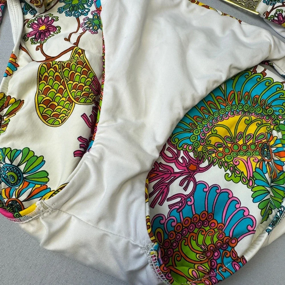 Trina Turk Floral Paisley Bikini Set Gold Filigree Hardware Halter Two Piece